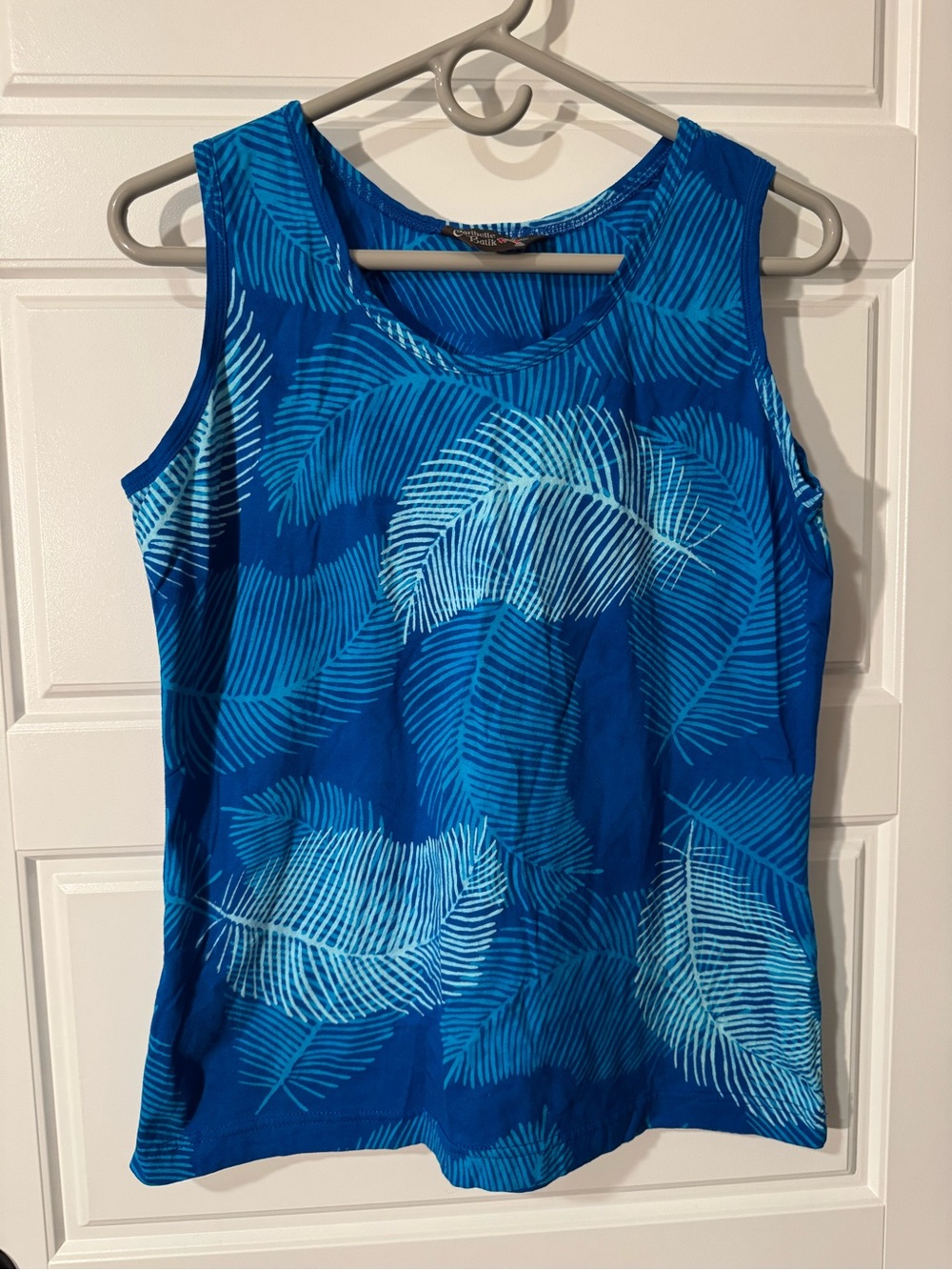Caribelle Batik 100% Cotton Feather Print Tank Top, Blue Multi, Size Medium